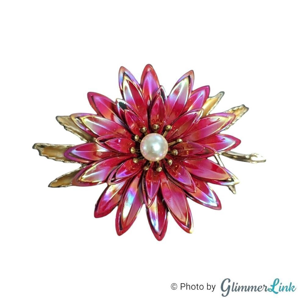 VTG 60s Large Red Iridescent Enamel Flower Faux Pearl Gold Tone Leaves Brooch